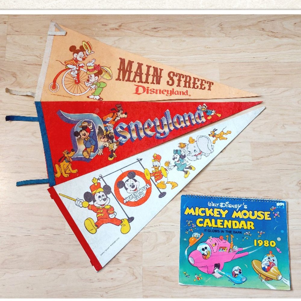 Vtg Disneyland Pennants lof of 3 and Walt Disney's 1980 Calendar